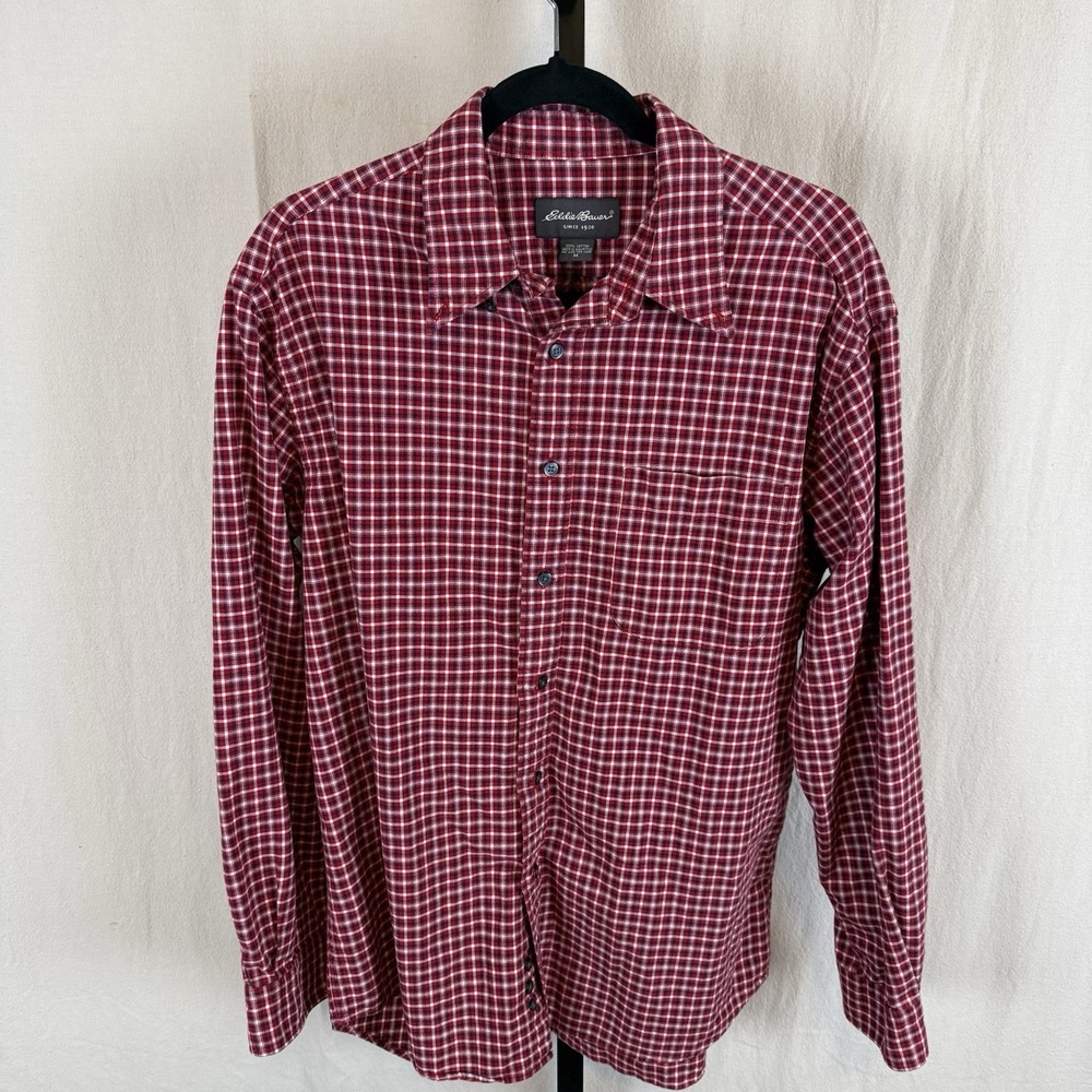 Eddie Bauer‎ Mens Button Down Shirt Size Medium Red Plaid Long Sleeve Cotton